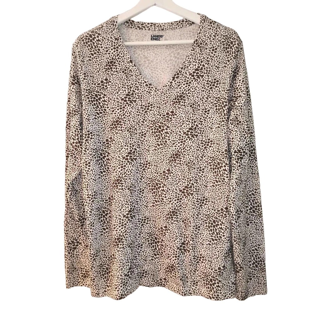 Lands End Long Sleeve Cotton Brown White Animal Print Pullover T-shirt Sz M/T